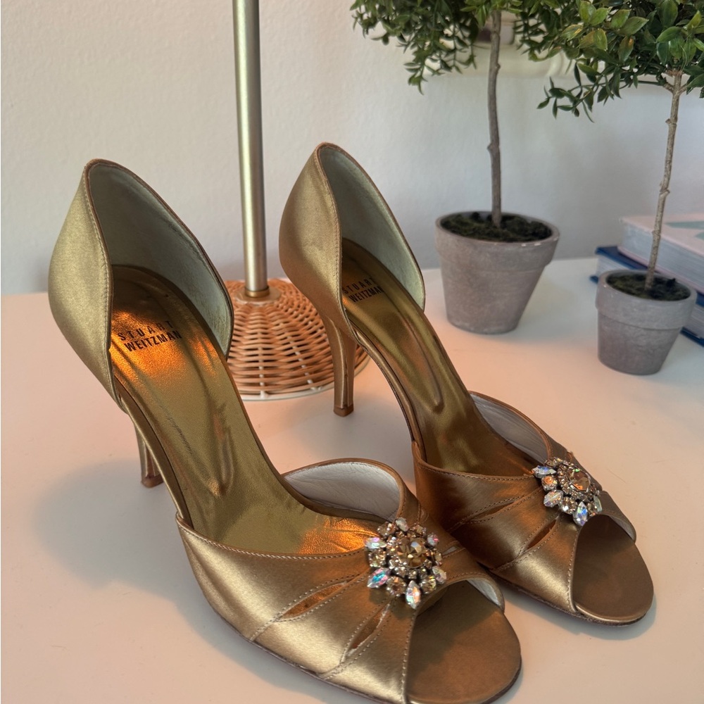 Stuart Weitzman Gold Peep-Toe Heels